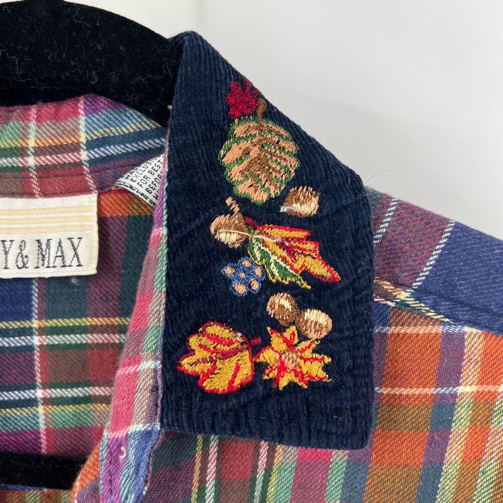 VTG Casey & Max Plaid Flannel Blouse Velvet Collar Embroidered Fall Womens Large - Picture 10 of 10